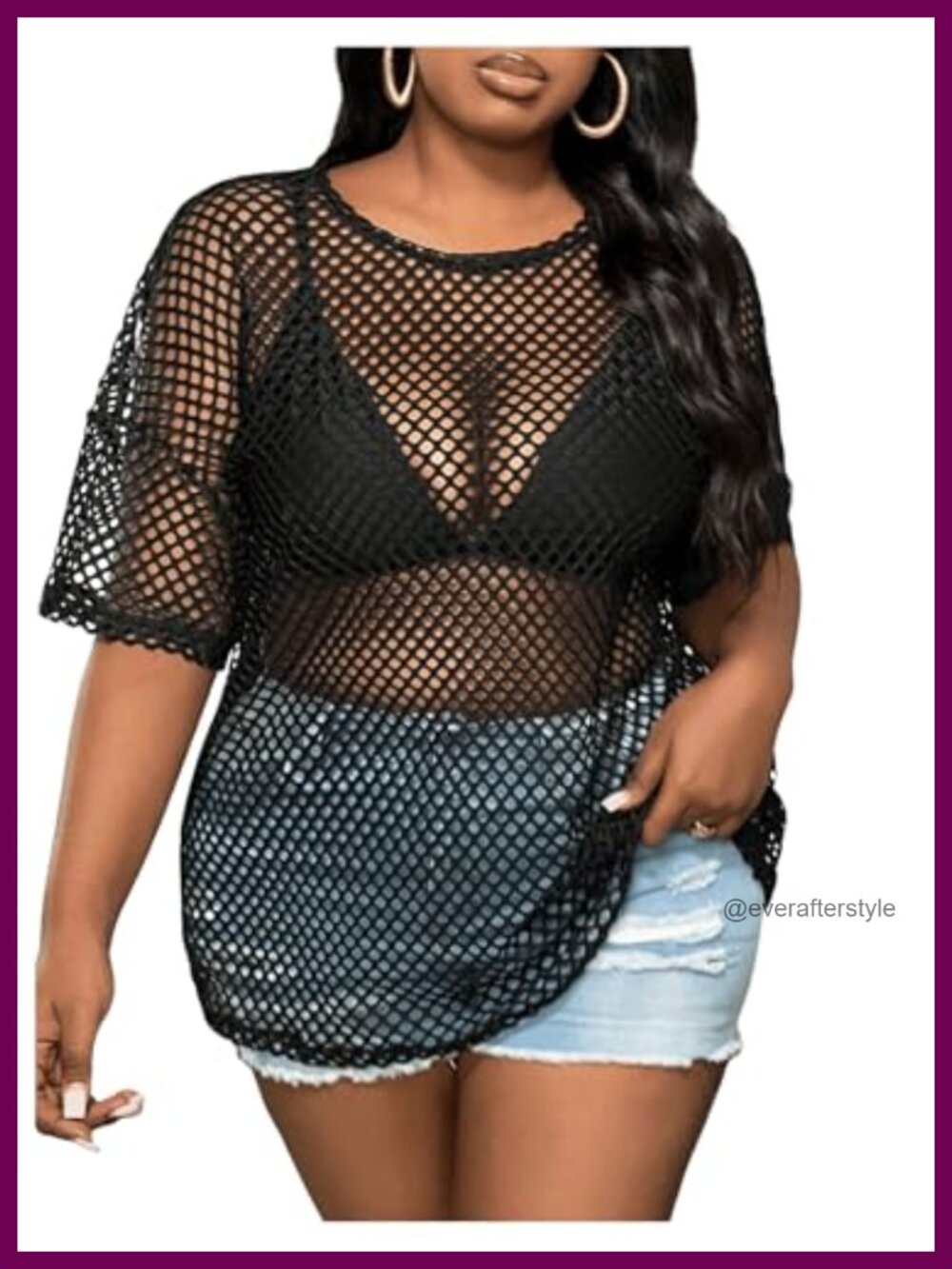 Plus Size Sheer Fishnet Top Short Sleeve Crew Neck Y2K Club Concert Shirt
